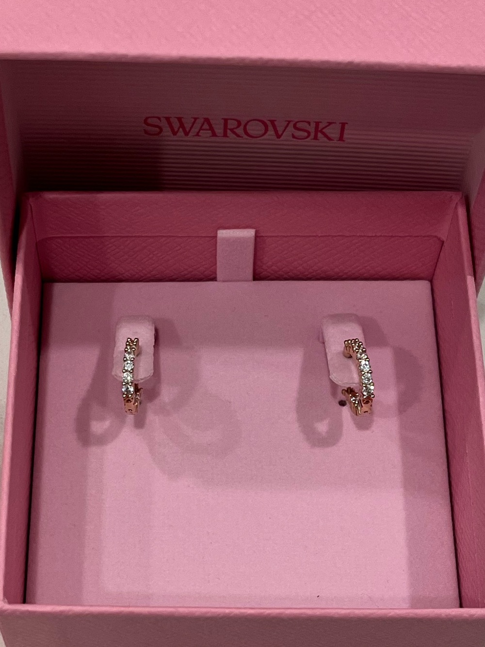 New Swarovski Pink Crystal Mini Hoop Earrings in Rose Gold